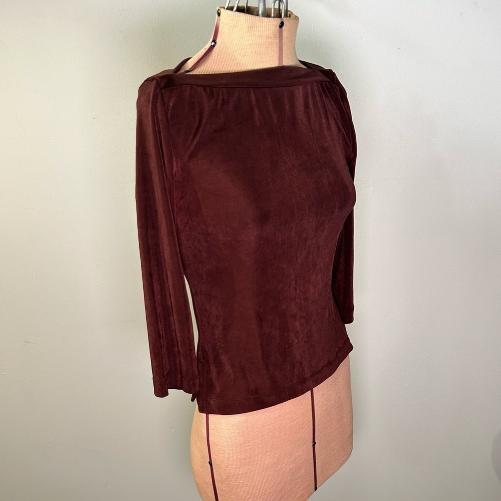 BCBG Max Azria Vintage Boatneck Chocolate Brown Slinky Top Size Small